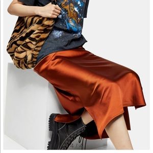 TOPSHOP- Rust Slit Bias Cut Satin Midi Skirt